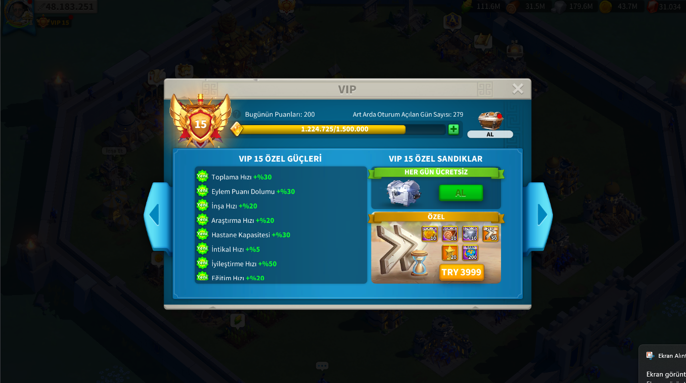 #3950 | 279 GÜNLÜK | 48.1M GÜÇ | VIP 15 | FULL QIN | 329M KP | 822M RSS - 3